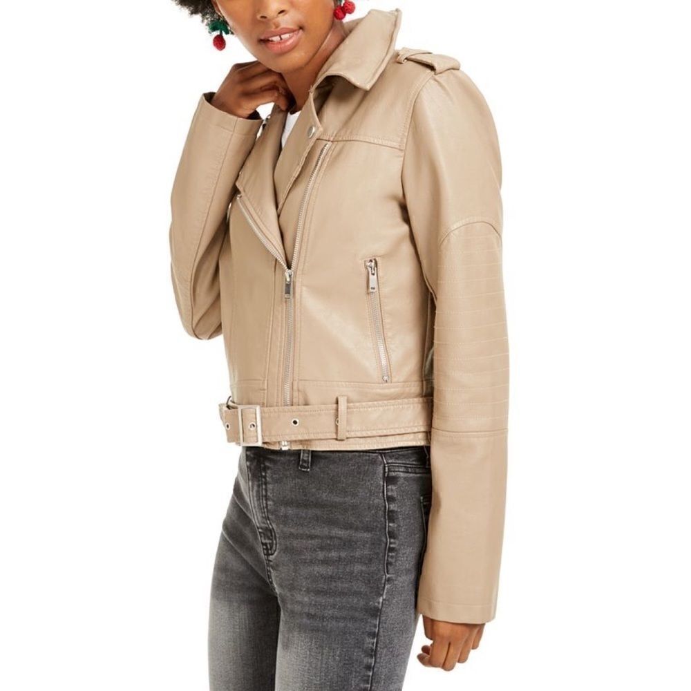 Collection B Juniors Faux-Leather Desert Tan Moto Jacket Size Medium NWD NWT